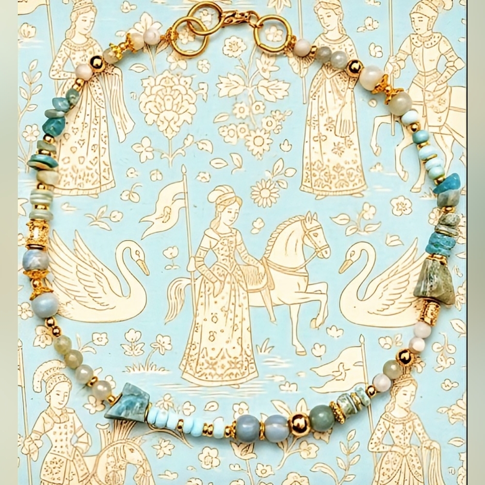 Natural Amazonite  In Dainty Beautiful  Bohemian Gold Necklace Or Choker